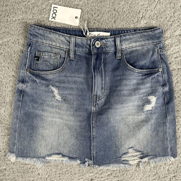 KanCan Women's Denim Mini Skirt Size M Light Wash Distressed Destroyed NWT - Picture 1 of 13